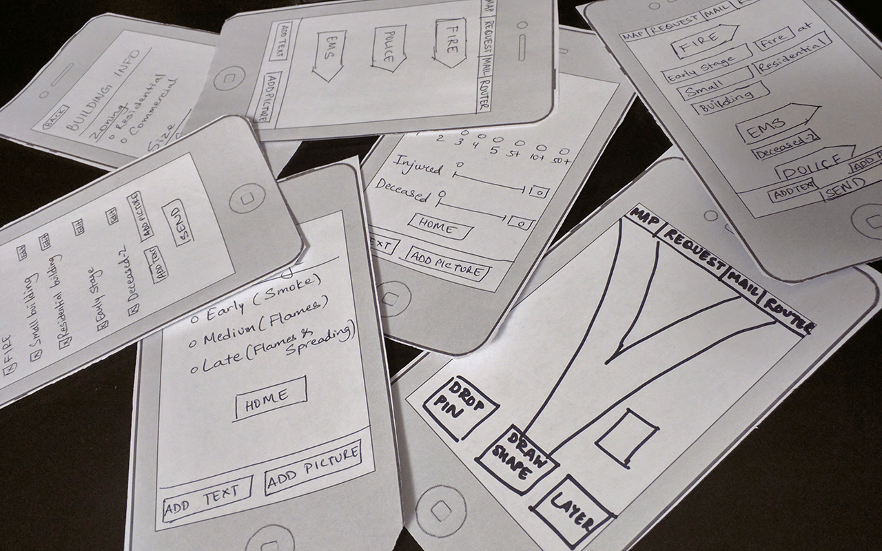 The paper prototype created to carry out user testing with first responders